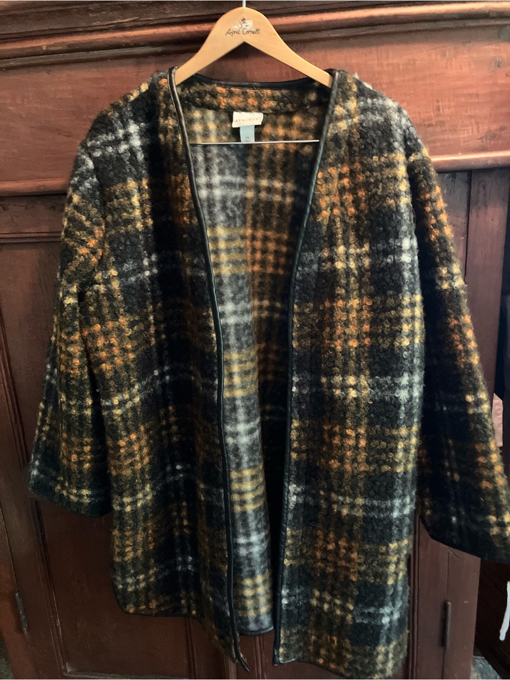 Ava & Viv Black and Mustard Plaid Open-Front Coat